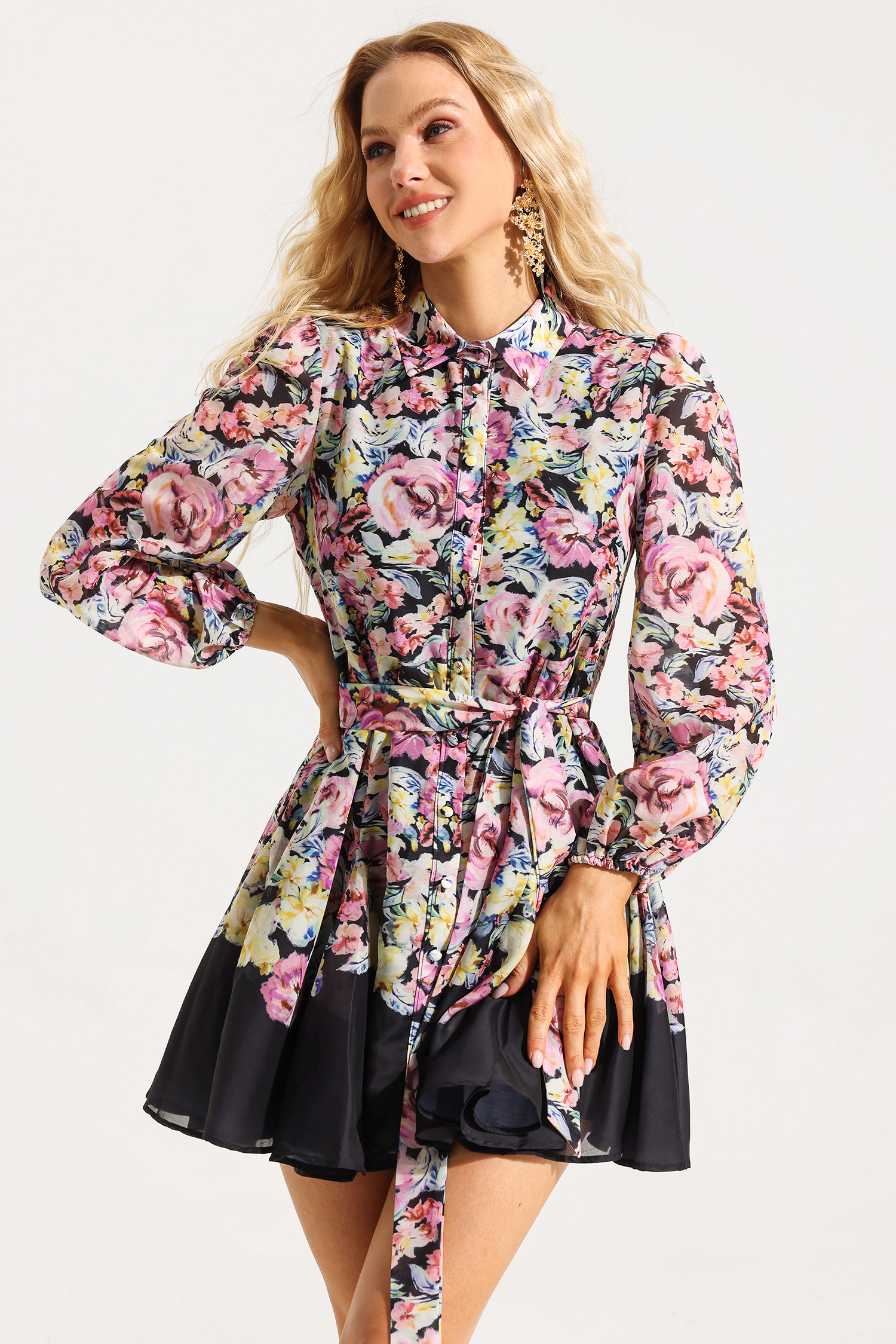 Floral Lantern Sleeve Mini Dress With Belt