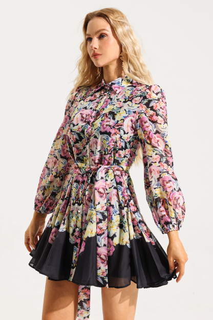 Floral Lantern Sleeve Mini Dress With Belt