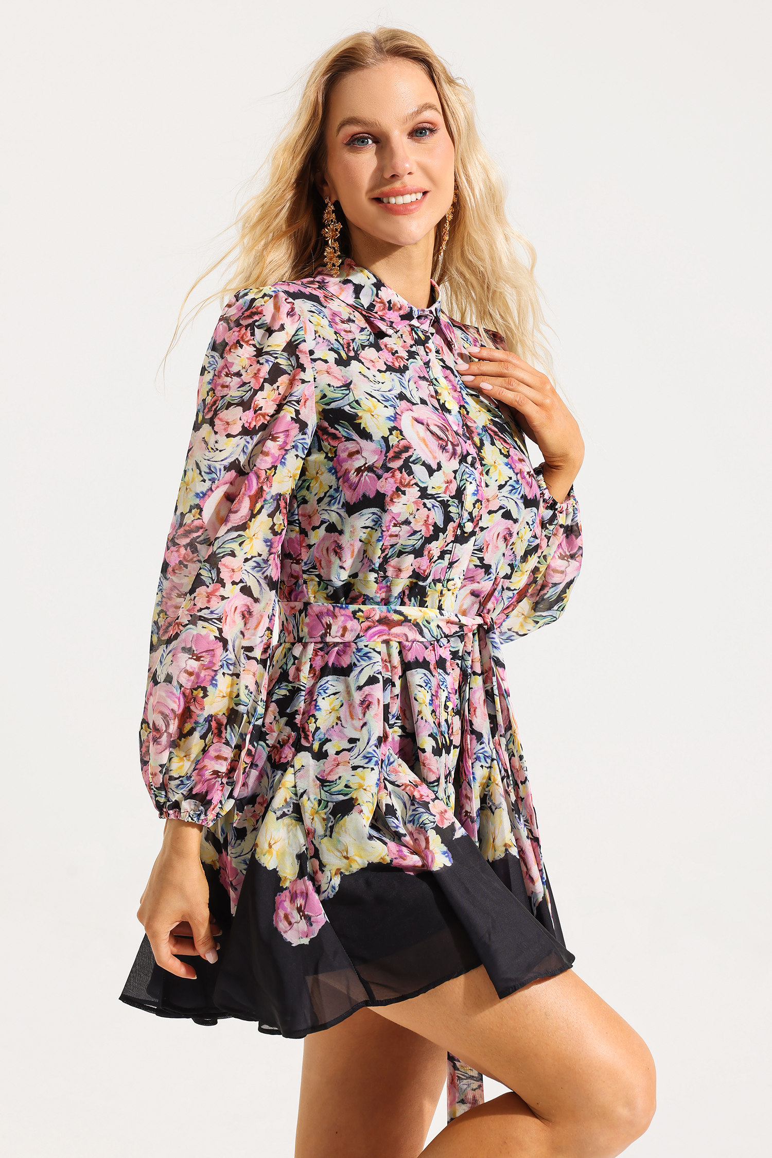 Floral Lantern Sleeve Mini Dress With Belt