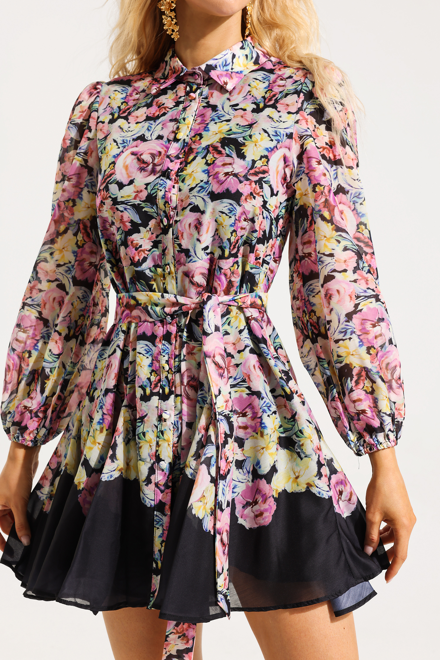 Floral Lantern Sleeve Mini Dress With Belt