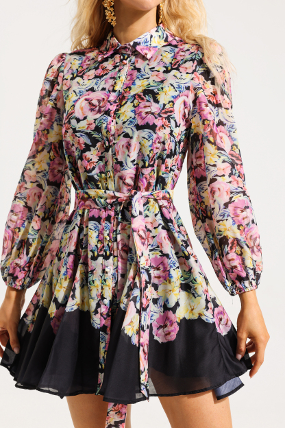 Floral Lantern Sleeve Mini Dress With Belt