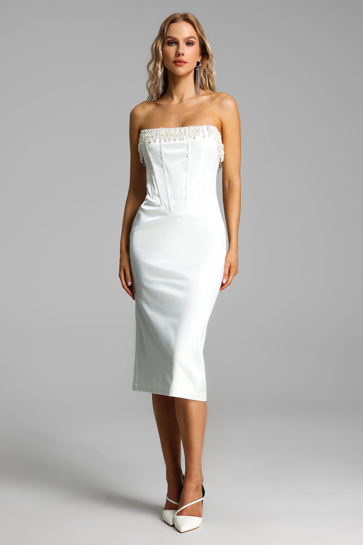 Corset Strapless Faux Pearl Midi Dress