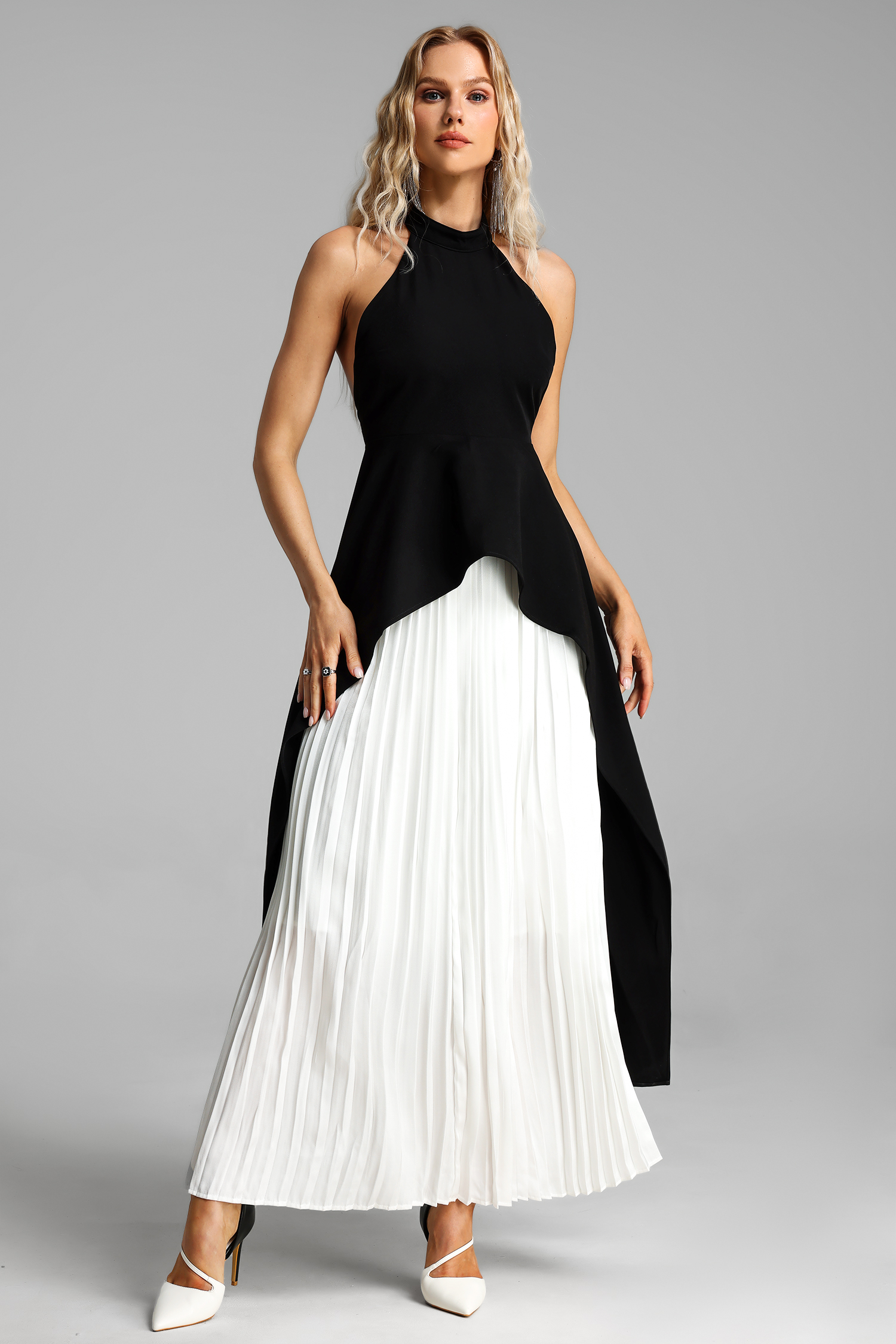 Crew Collar Sleeveless Backless Asymmetric Suit Dress