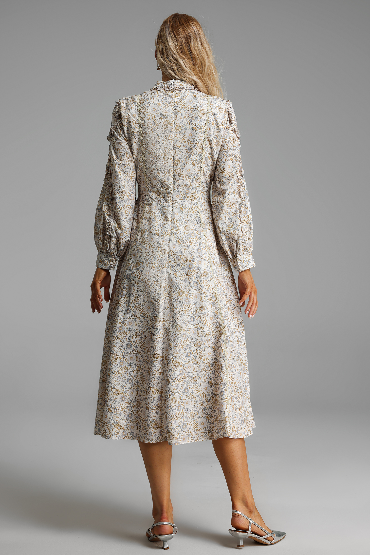 Floral Frill Long Sleeve Midi Dress
