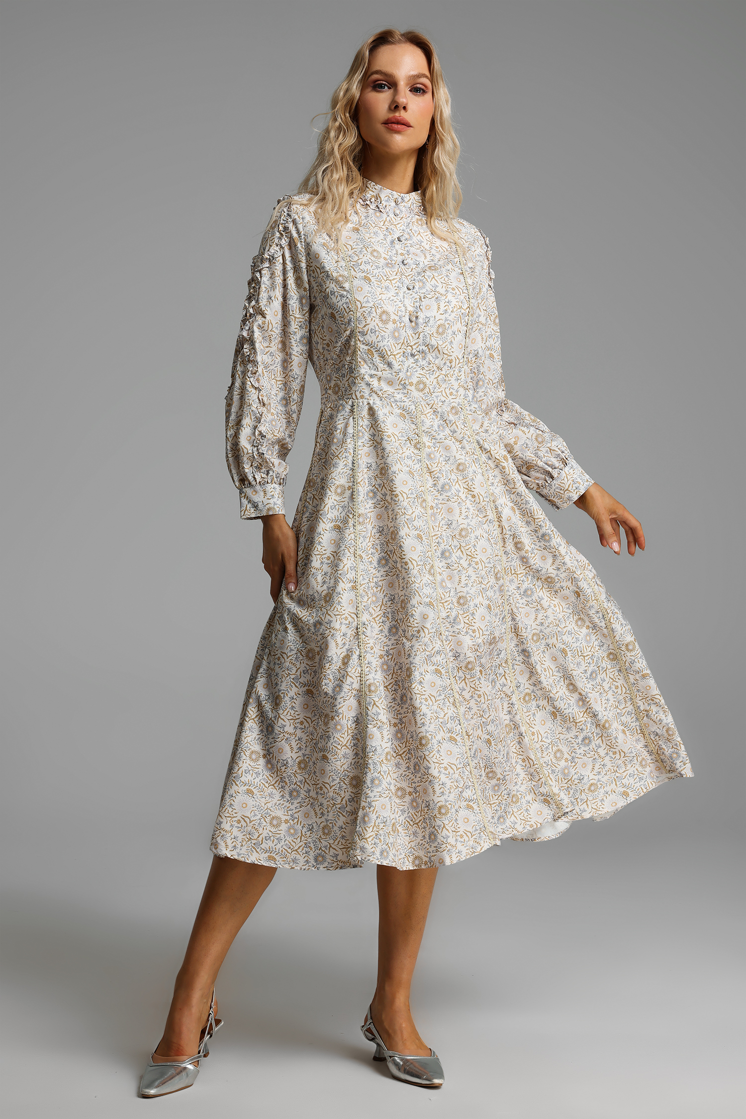 Floral Frill Long Sleeve Midi Dress