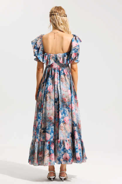 Floral Frill Puff Sleeve Sweetheart Neckline Maxi Dress