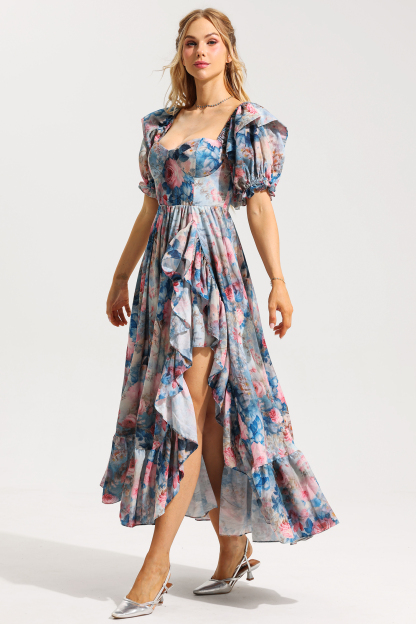 Floral Frill Puff Sleeve Sweetheart Neckline Maxi Dress