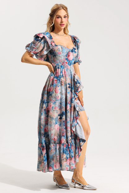 Floral Frill Puff Sleeve Sweetheart Neckline Maxi Dress