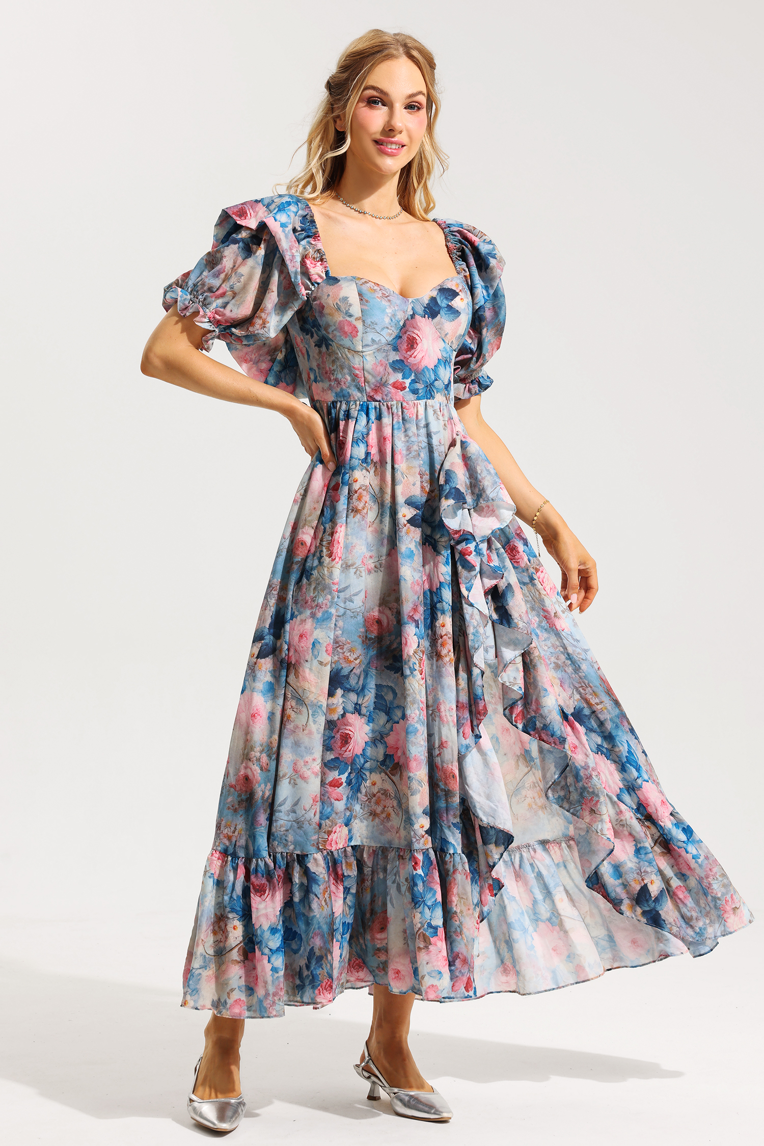 Floral Frill Puff Sleeve Sweetheart Neckline Maxi Dress