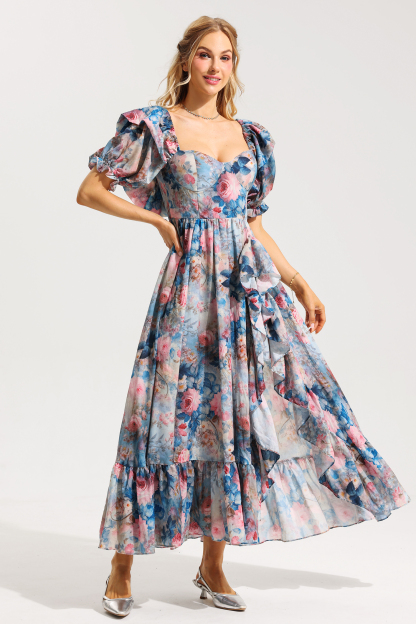 Floral Frill Puff Sleeve Sweetheart Neckline Maxi Dress