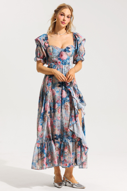 Floral Frill Puff Sleeve Sweetheart Neckline Maxi Dress