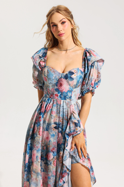 Floral Frill Puff Sleeve Sweetheart Neckline Maxi Dress
