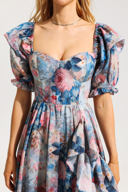 Floral Frill Puff Sleeve Sweetheart Neckline Maxi Dress