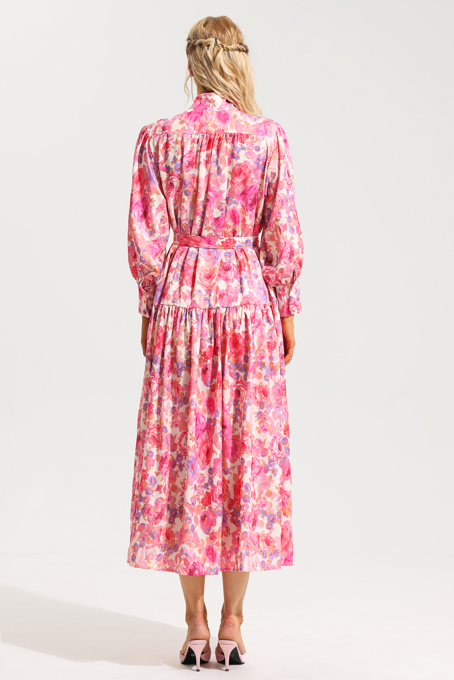 Floral Lantern Sleeve Button Midi Dress