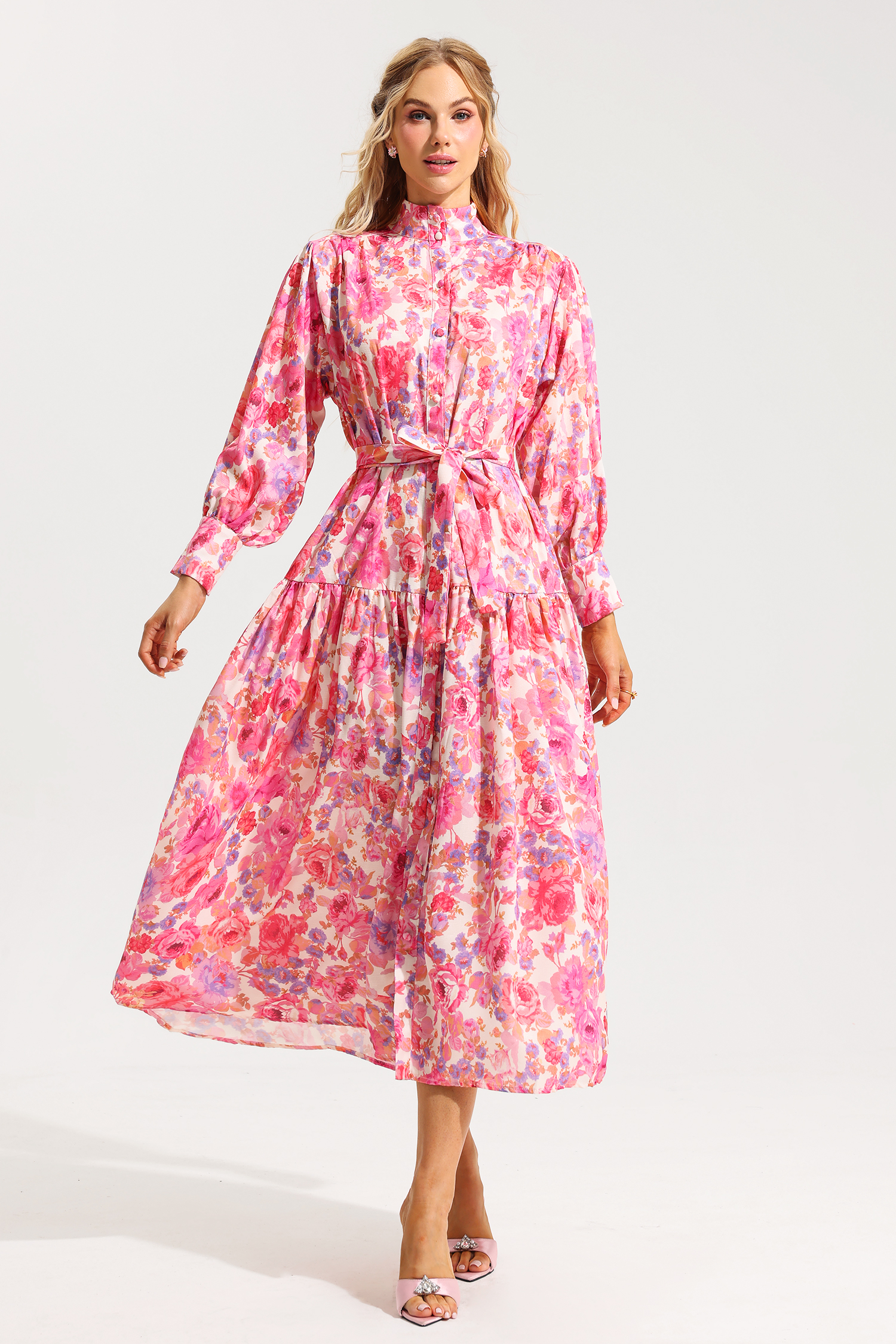 Floral Lantern Sleeve Button Midi Dress