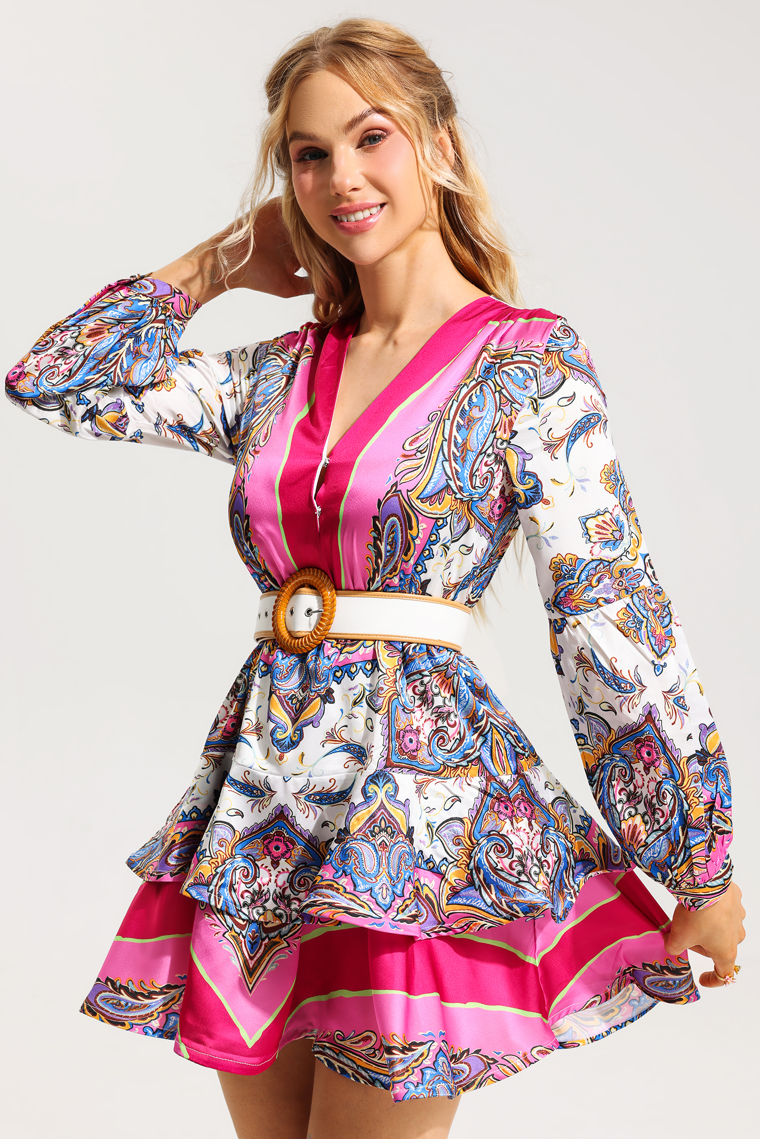Paisley Print V-Neck Mini Dress With Belt