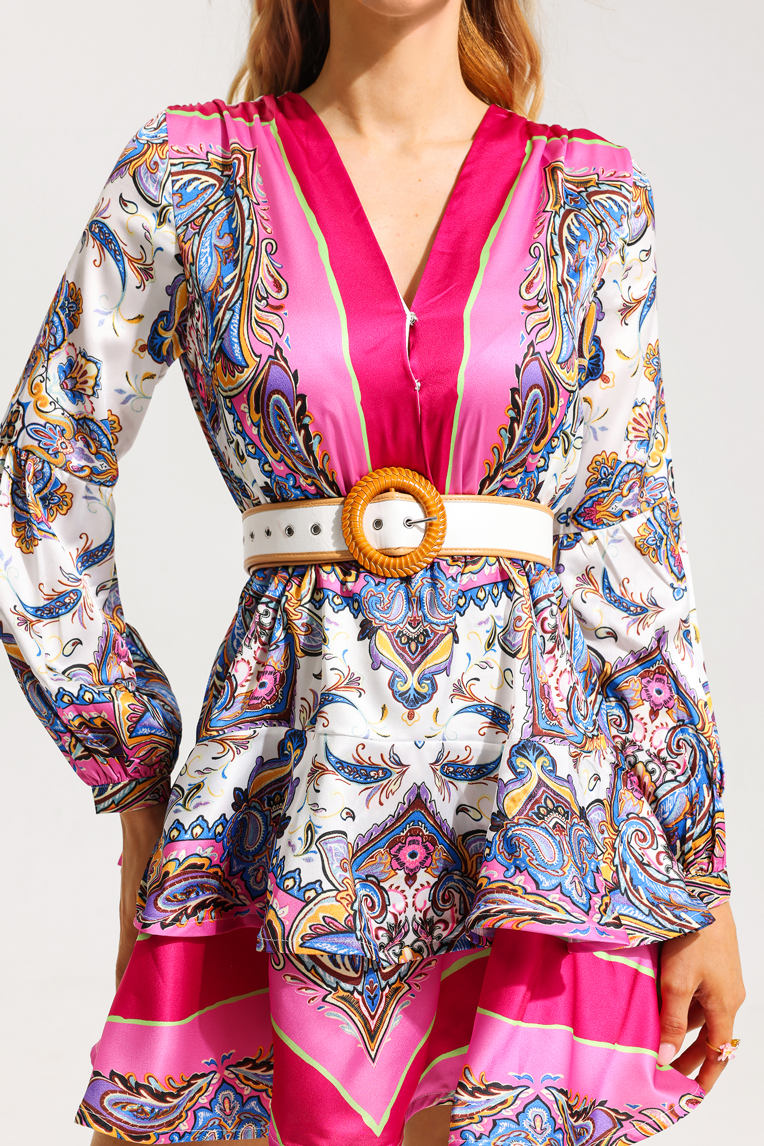 Paisley Print V-Neck Mini Dress With Belt