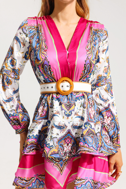 Paisley Print V-Neck Mini Dress With Belt