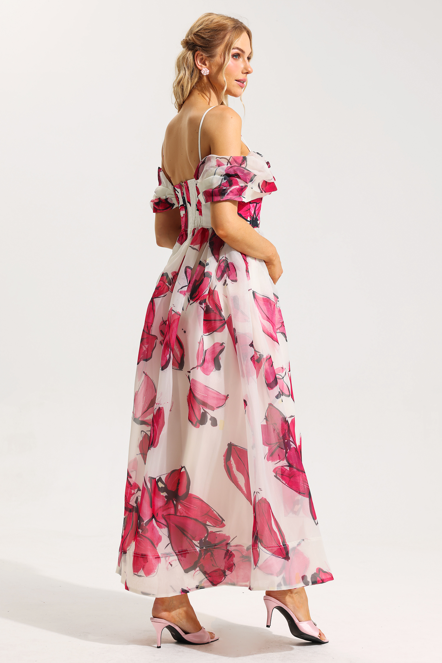 Floral Off-Shoulder Pleated Midi Dress