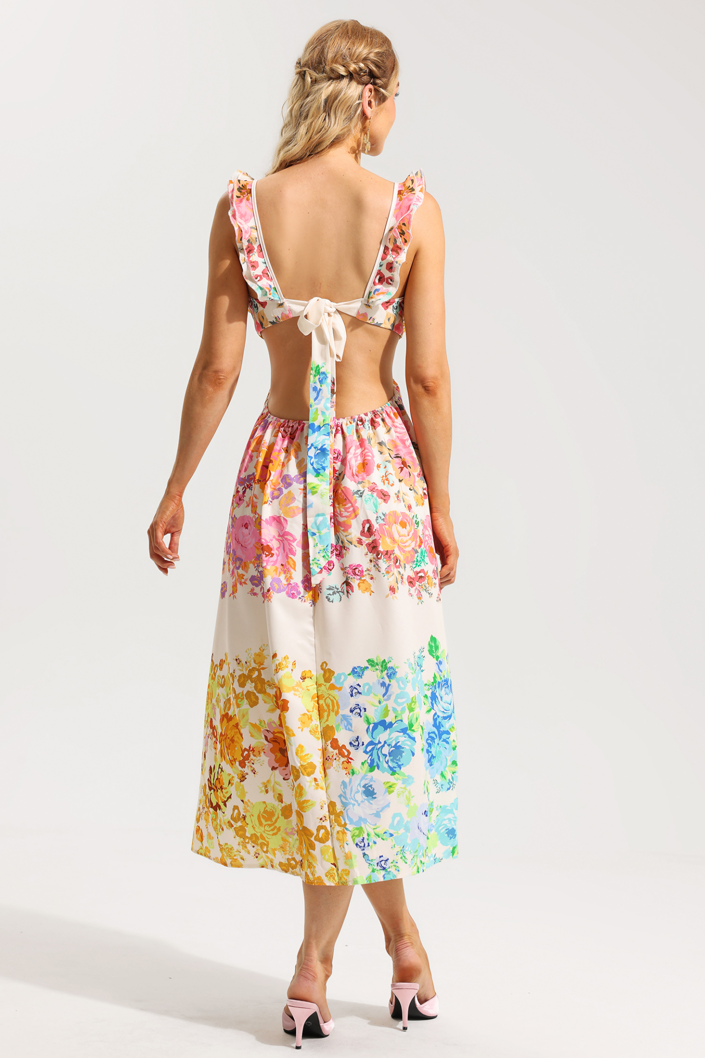 Floral Cut-Out Frill Midi Dress