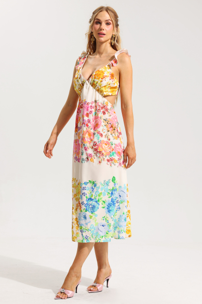 Floral Cut-Out Frill Midi Dress