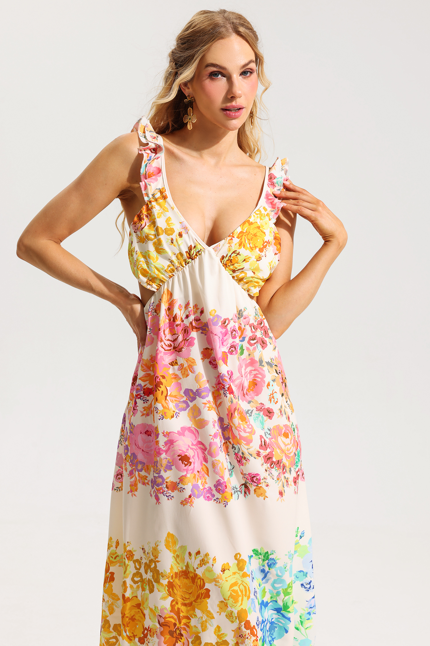 Floral Cut-Out Frill Midi Dress