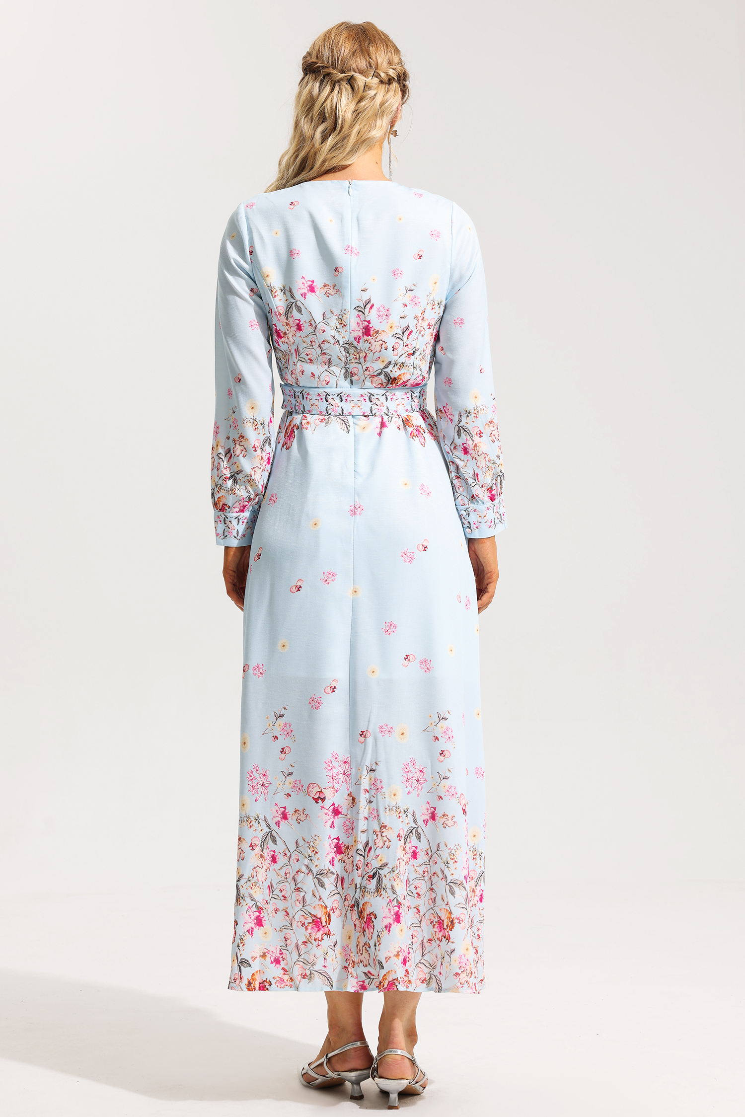 Floral Round Neckline Long Sleeve Maxi Dress With Belt
