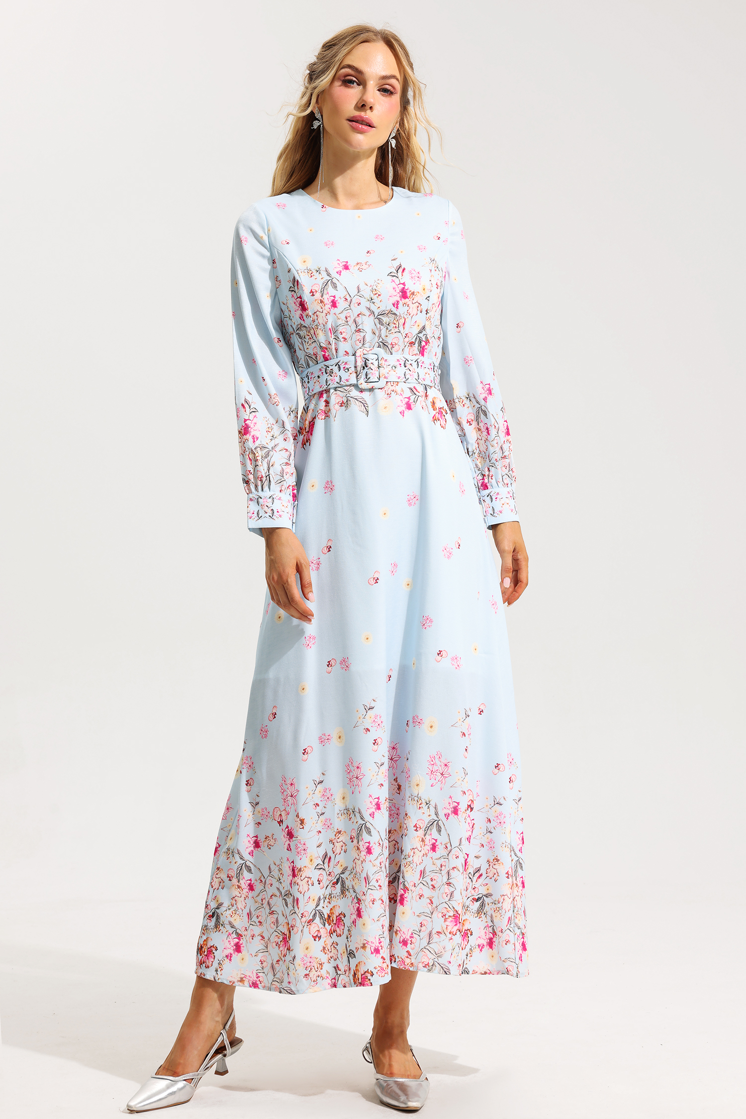 Floral Round Neckline Long Sleeve Maxi Dress With Belt