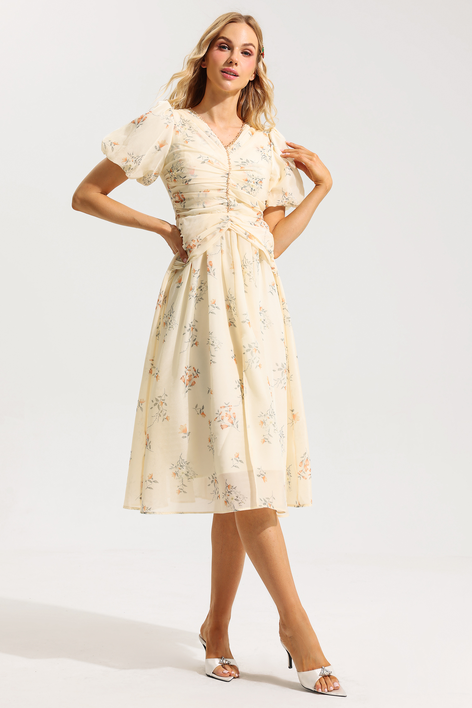 Floral V-Neck Short Sleeve Midi Dress