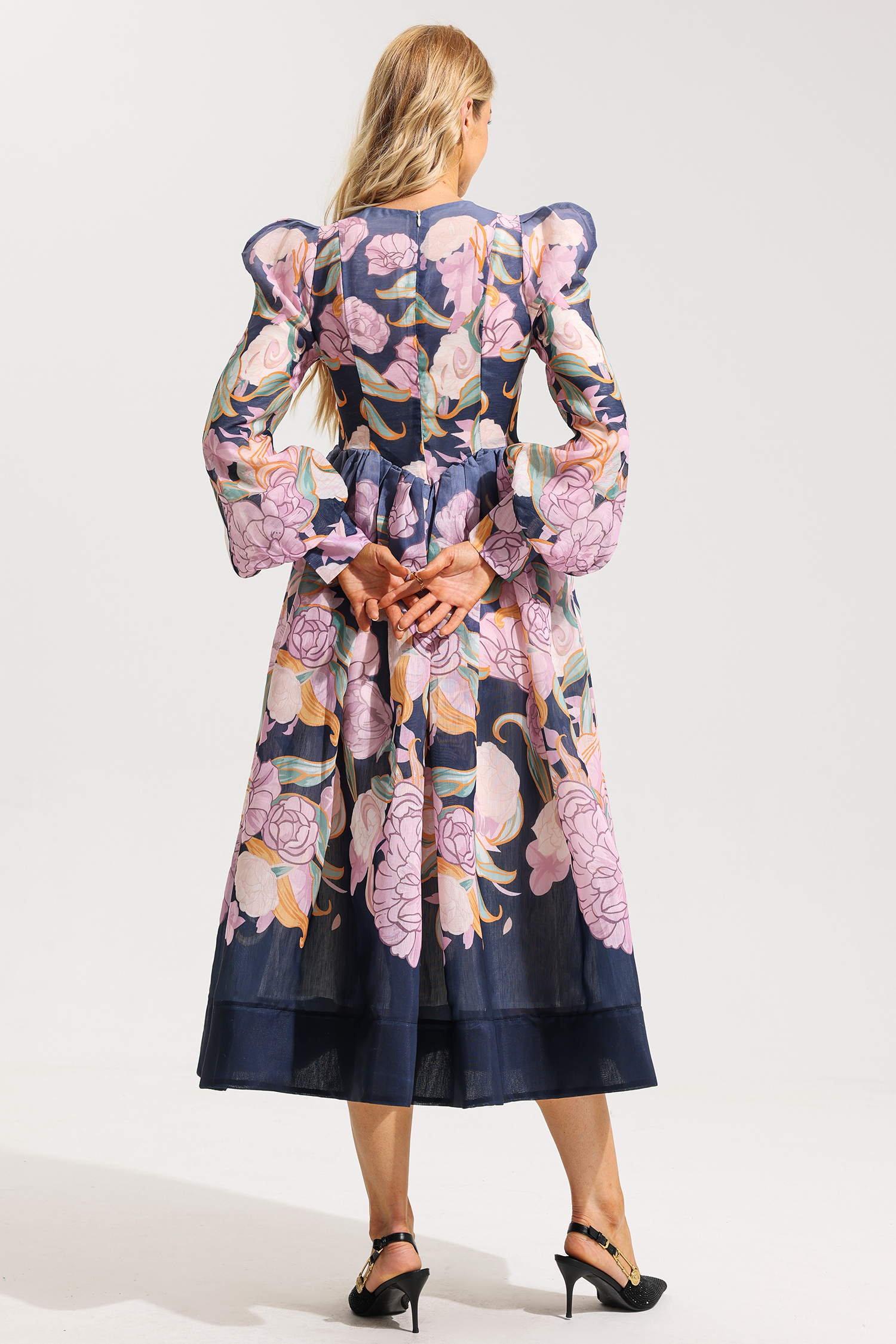 Floral Round Neck Long Sleeve Midi Dress