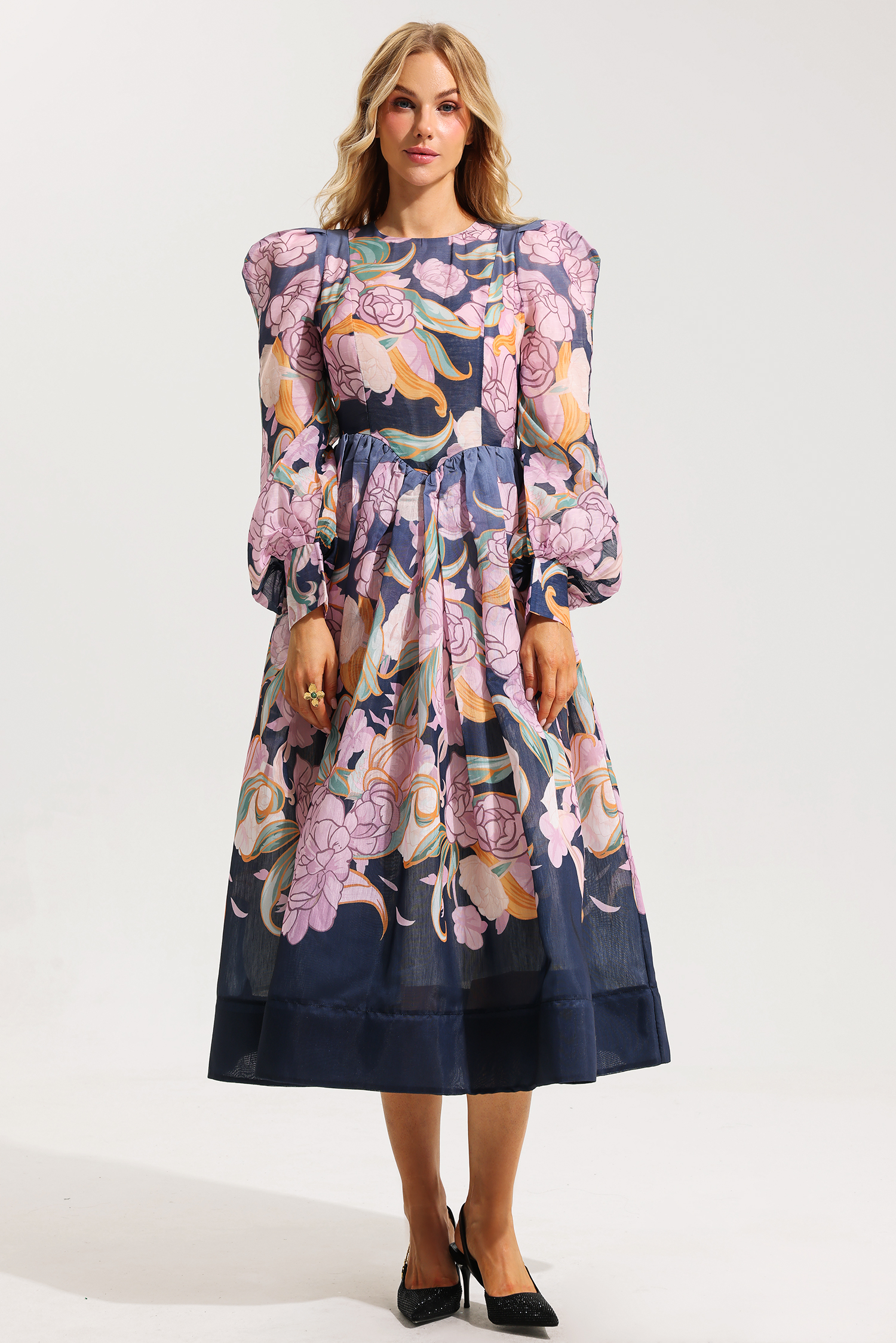 Floral Round Neck Long Sleeve Midi Dress