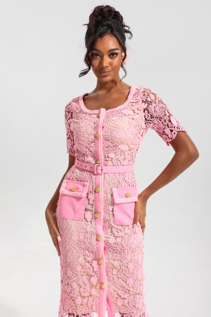 Lace Metal Bottom Round Neck Midi Dress