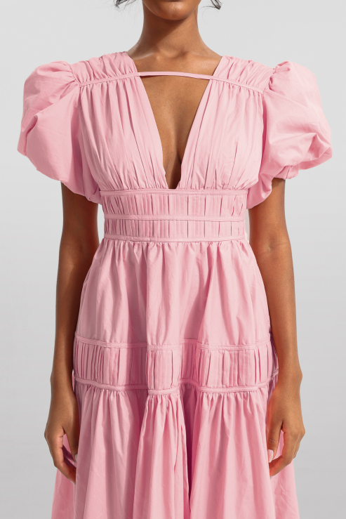 Checkered Puff Sleeve V-Neck Midi Dress main image 1