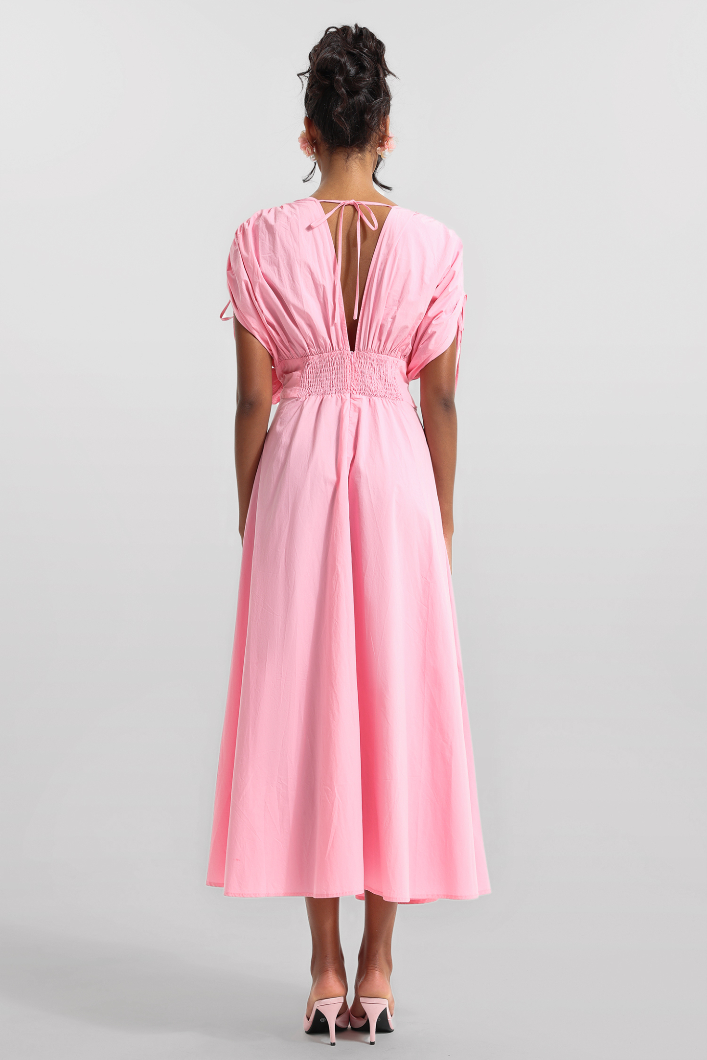 3D Floral V-Neck Lace Up Midi Dress