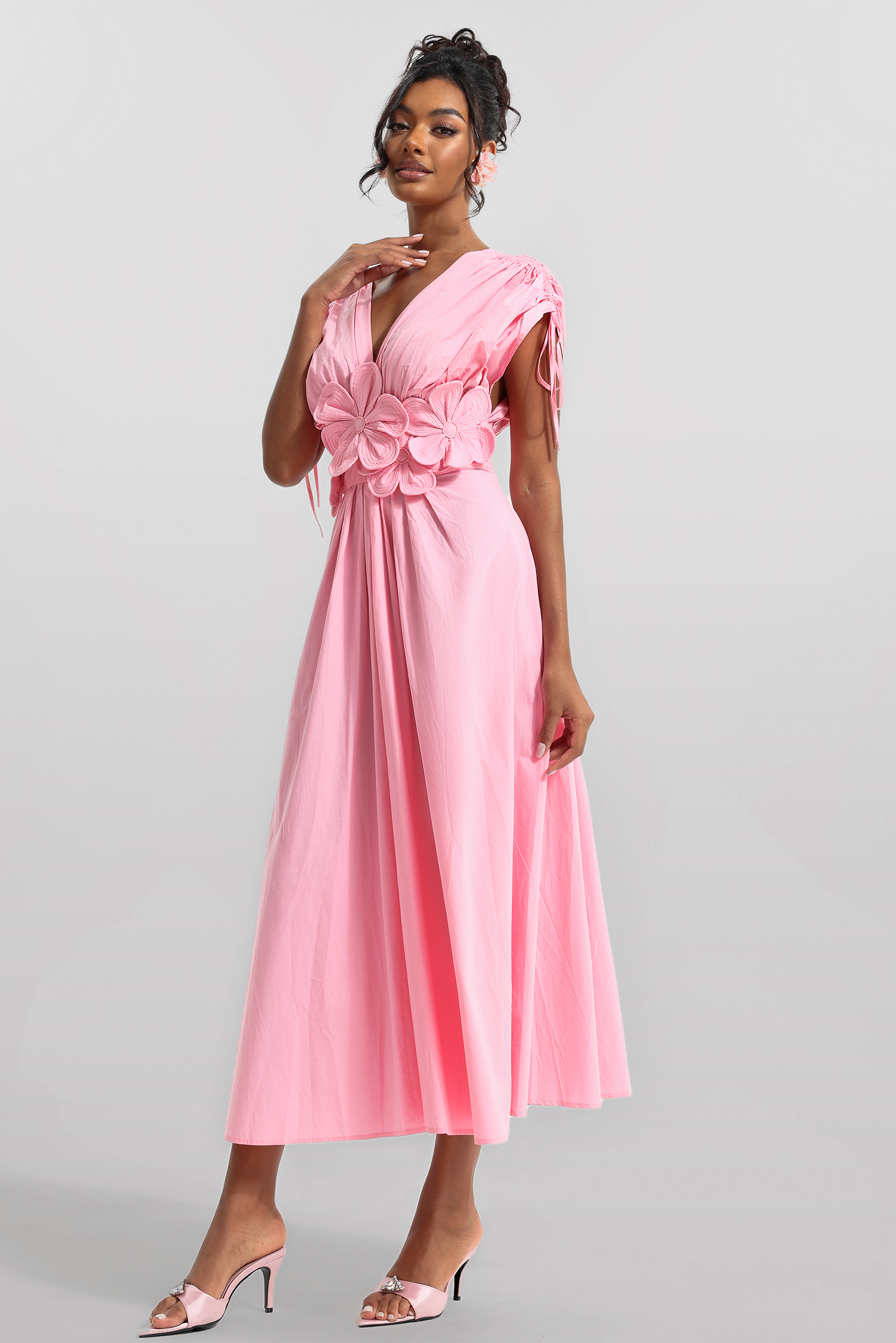 3D Floral V-Neck Lace Up Midi Dress