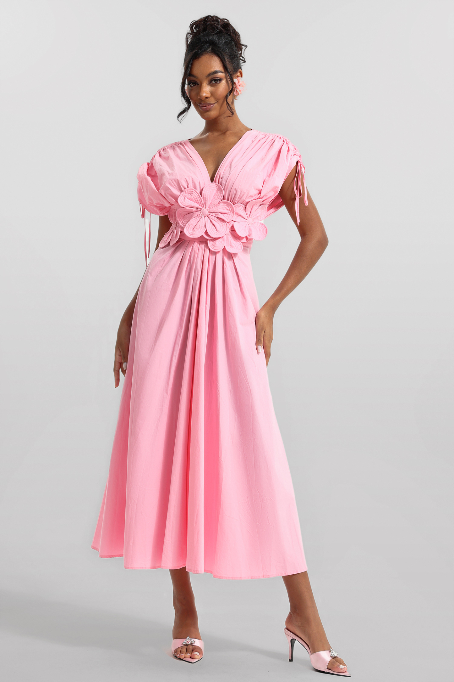3D Floral V-Neck Lace Up Midi Dress