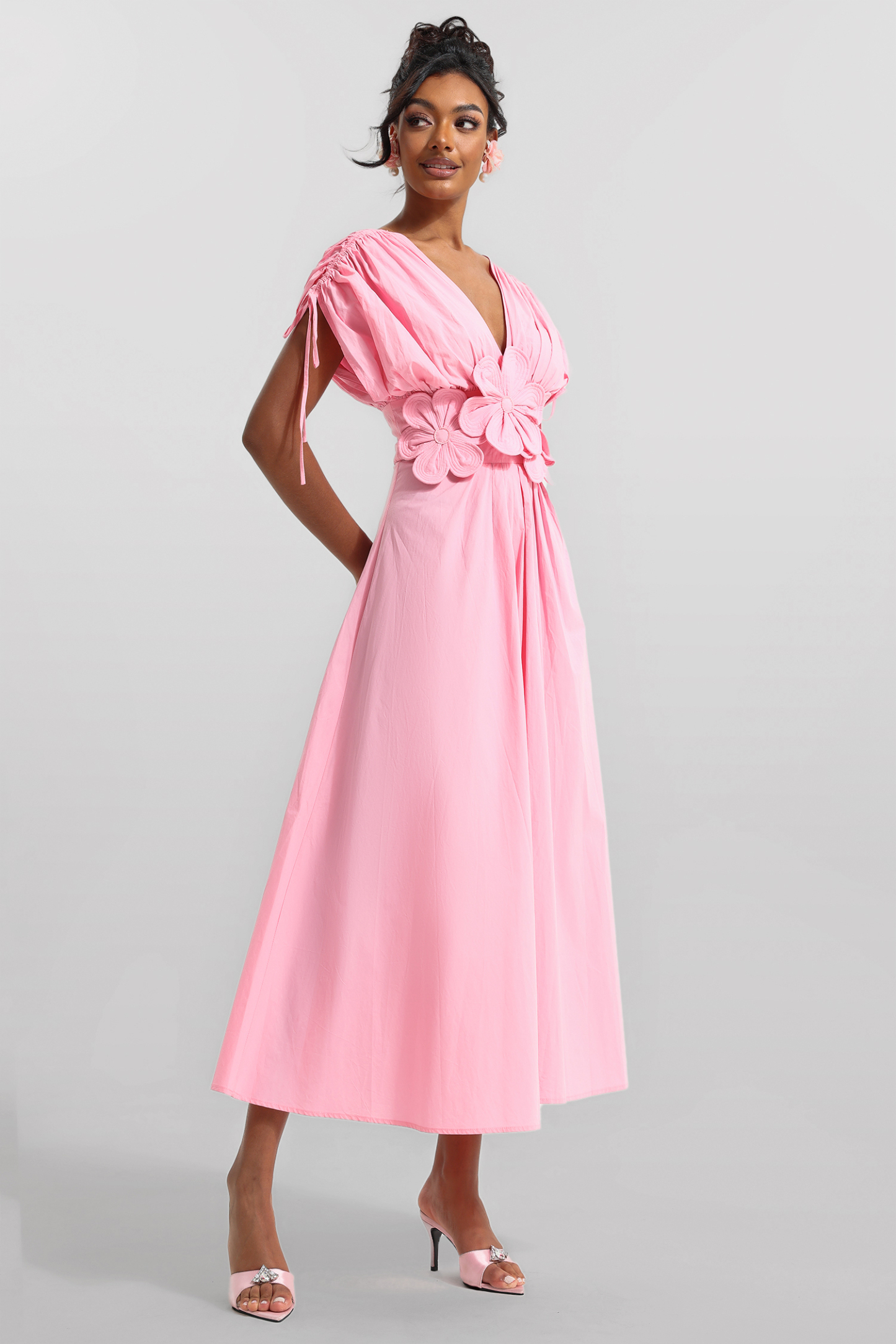 3D Floral V-Neck Lace Up Midi Dress