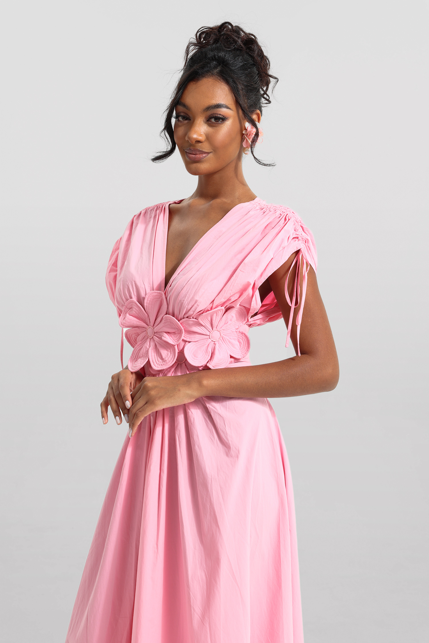 3D Floral V-Neck Lace Up Midi Dress