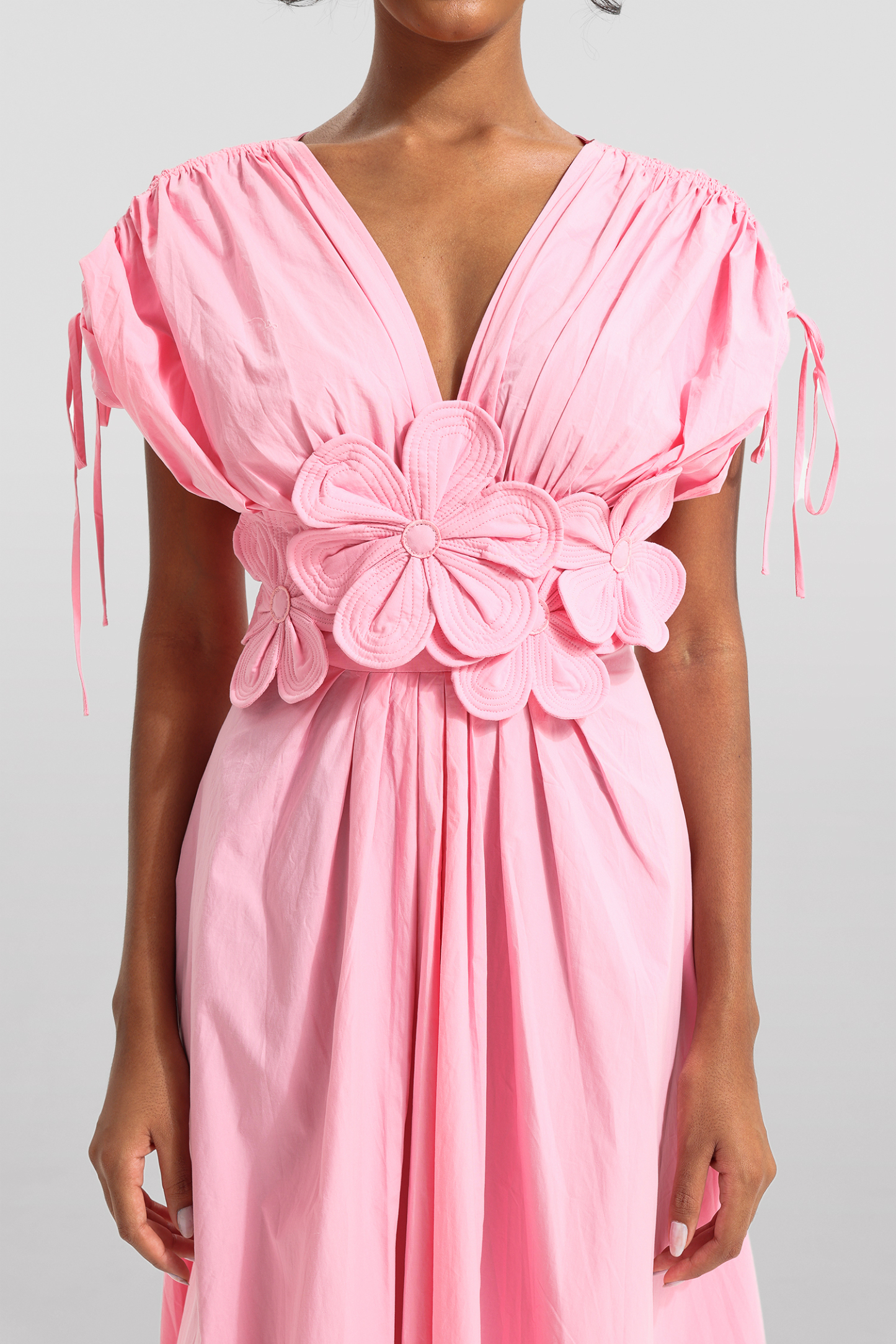 3D Floral V-Neck Lace Up Midi Dress