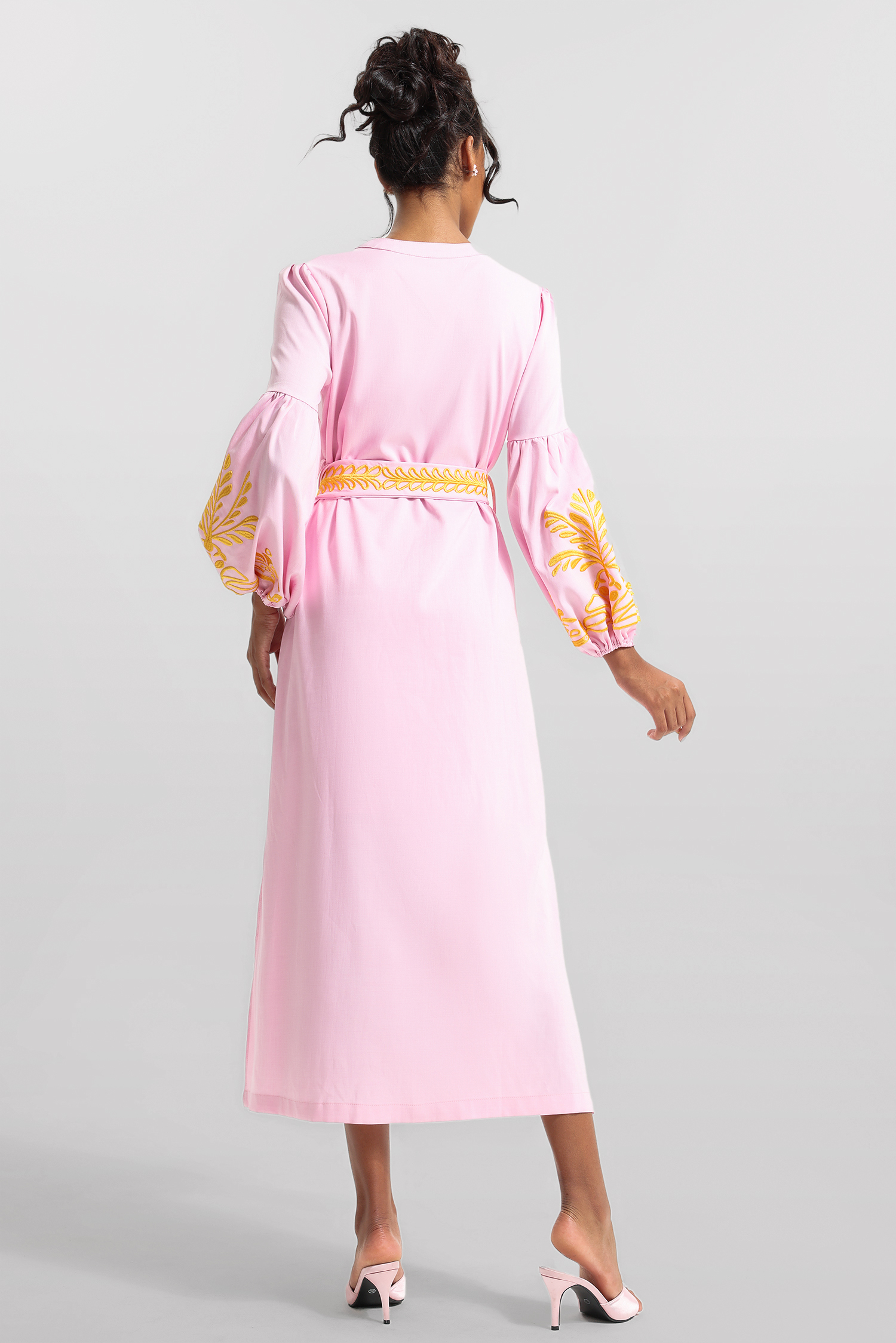 Embroidered Button Long Sleeve Midi Dress With Belt