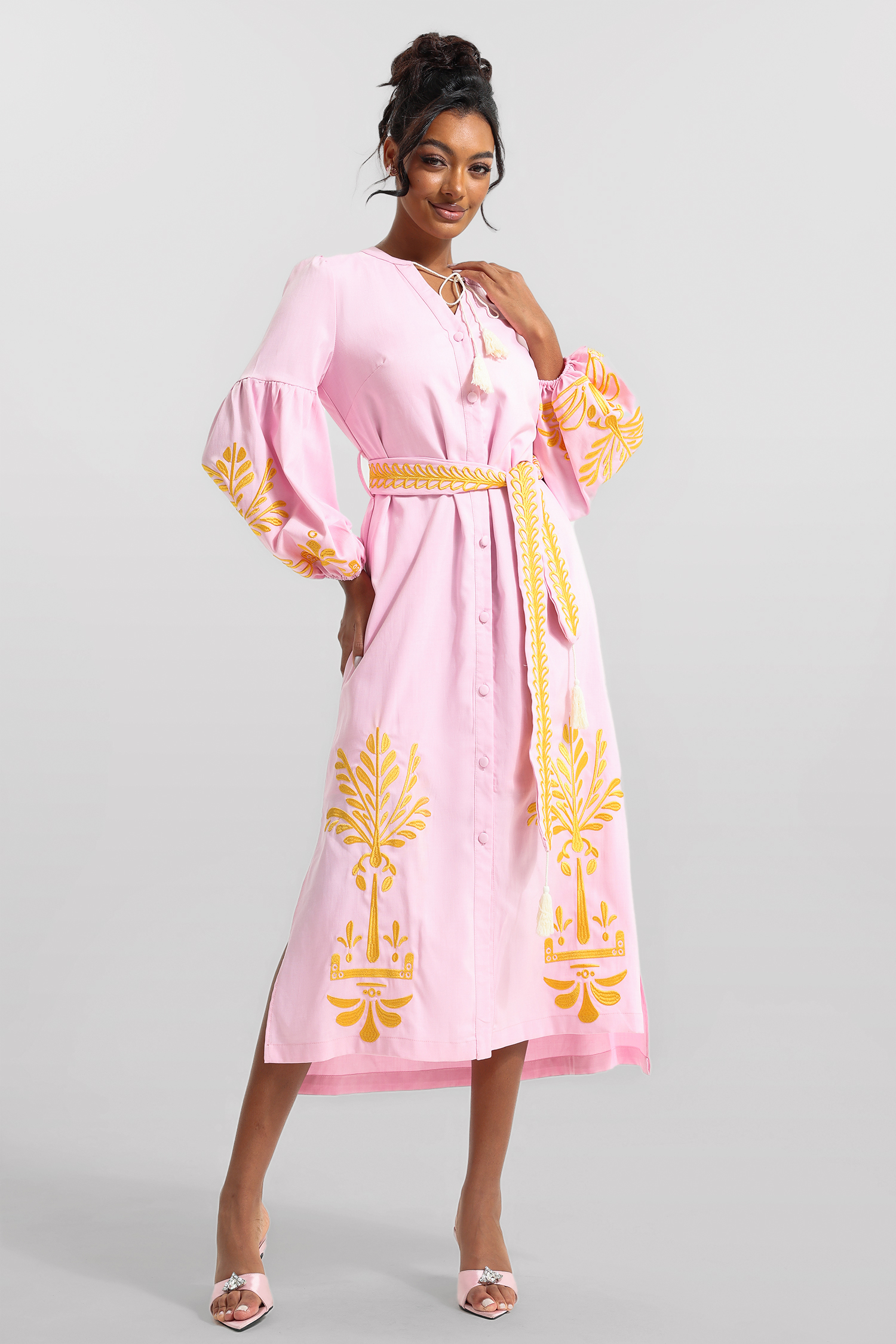 Embroidered Button Long Sleeve Midi Dress With Belt