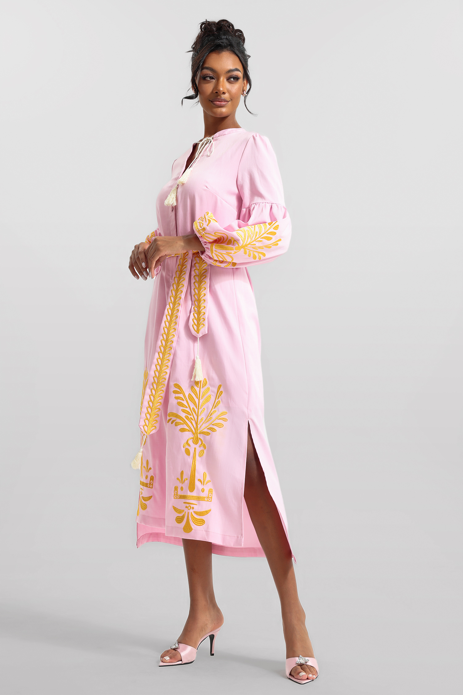 Embroidered Button Long Sleeve Midi Dress With Belt