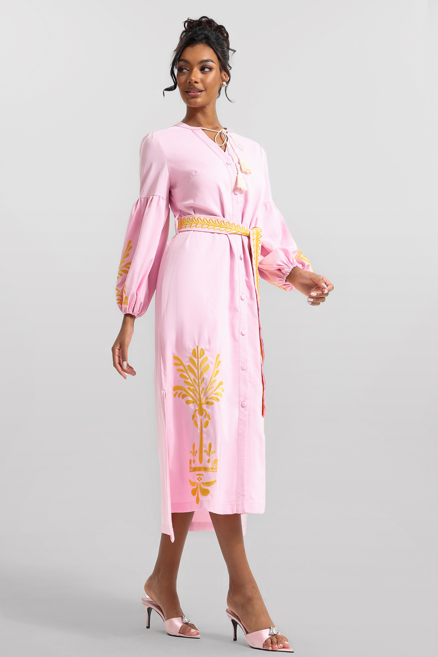 Embroidered Button Long Sleeve Midi Dress With Belt