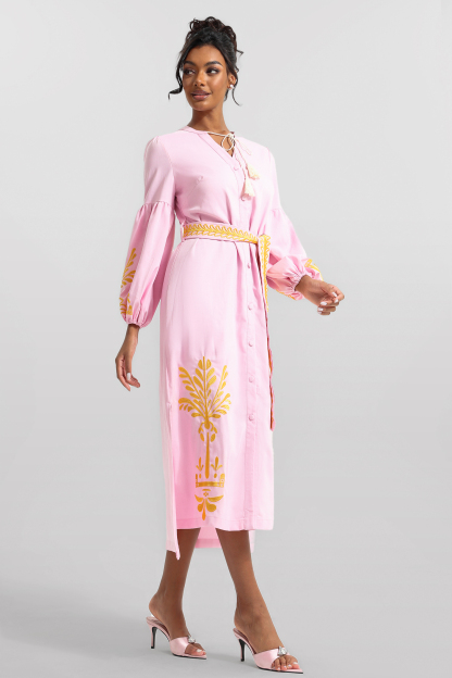 Embroidered Button Long Sleeve Midi Dress With Belt