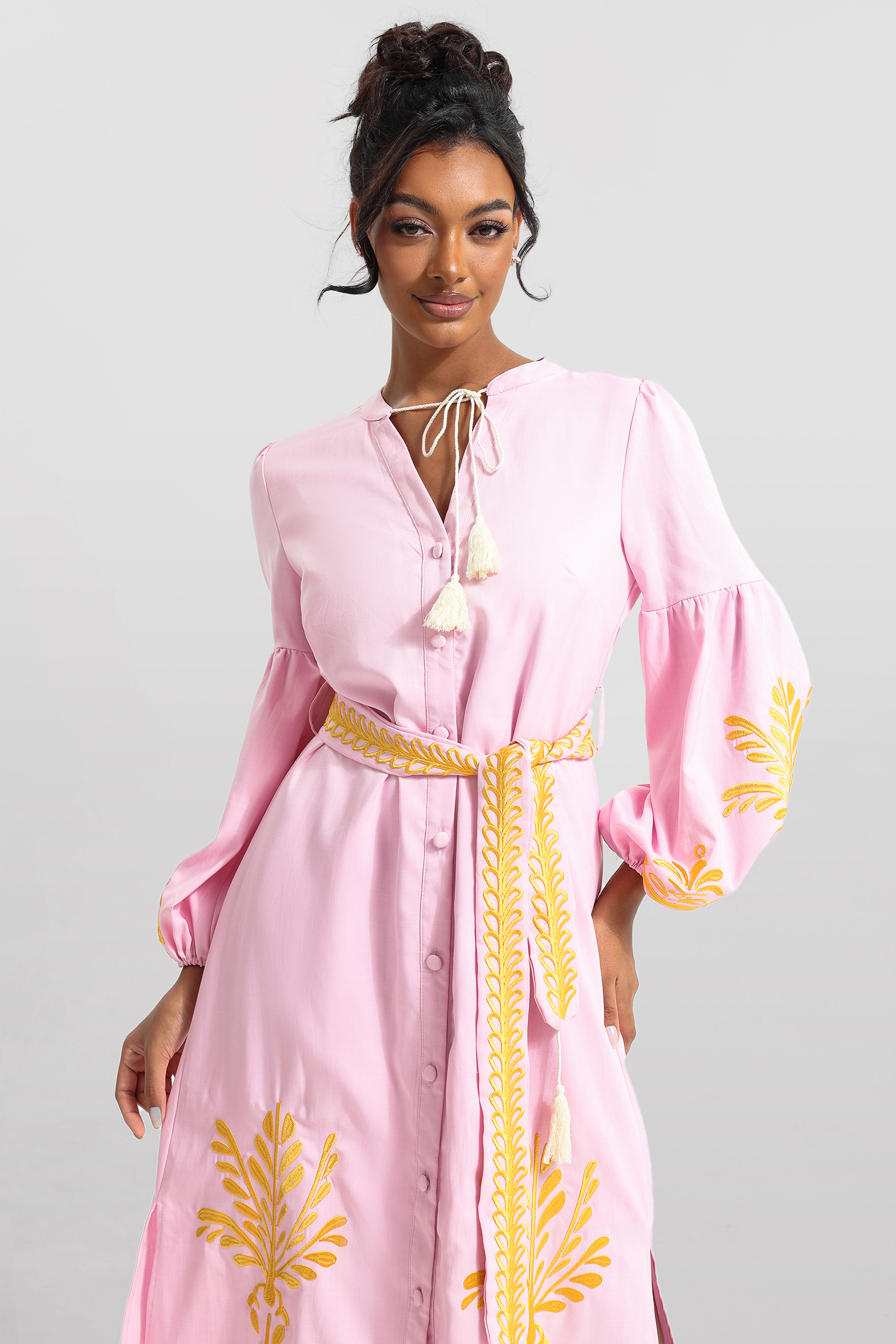 Embroidered Button Long Sleeve Midi Dress With Belt