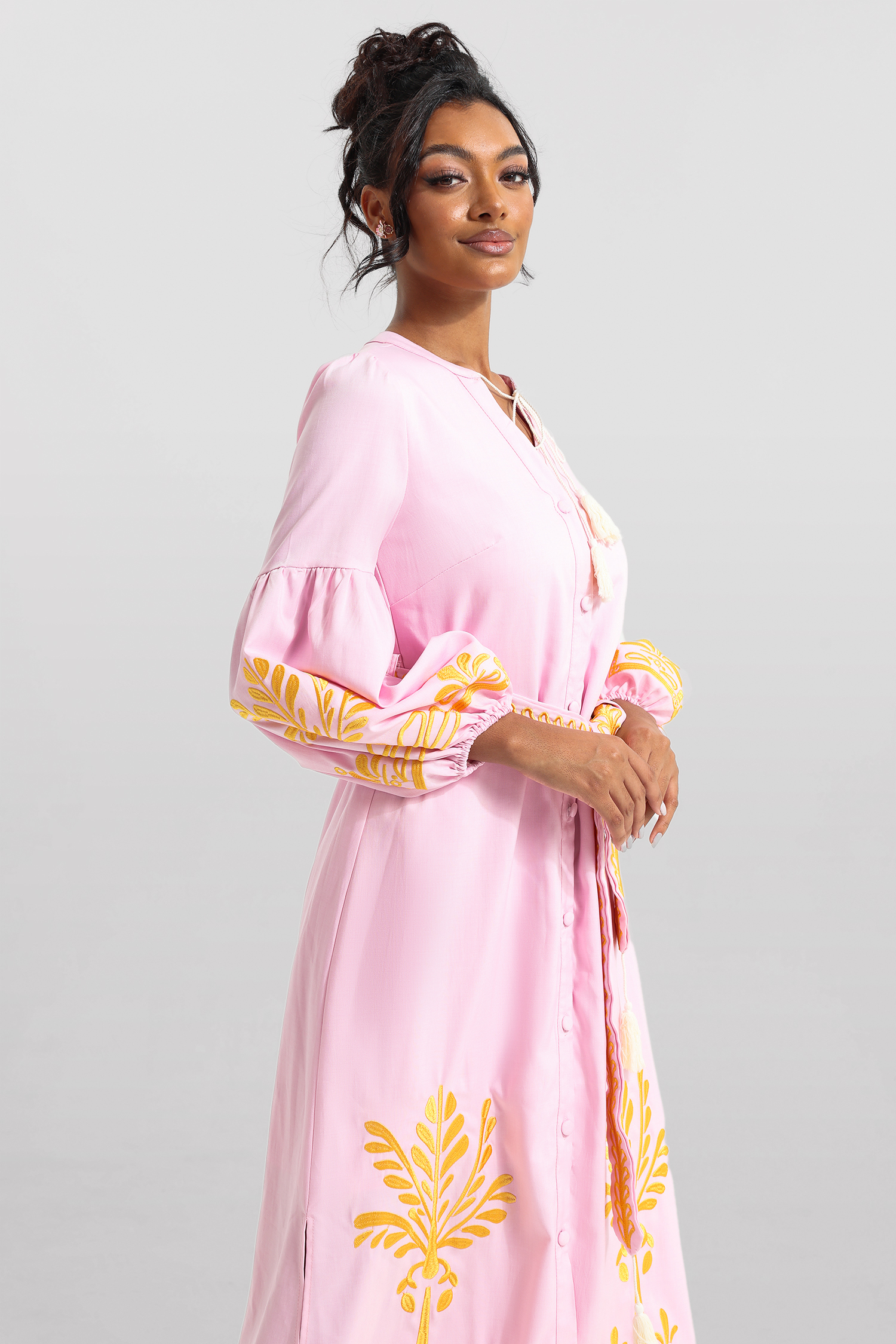 Embroidered Button Long Sleeve Midi Dress With Belt