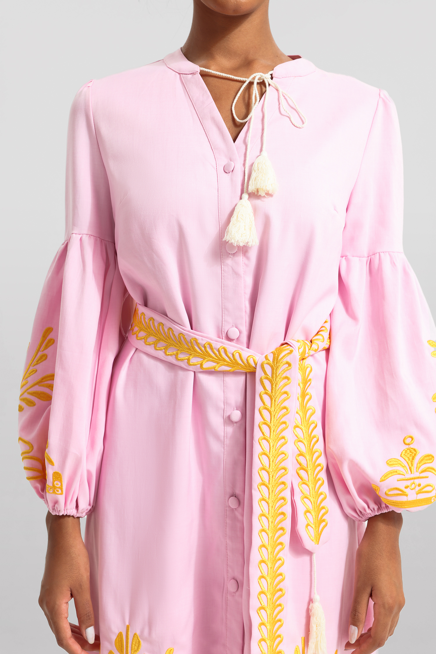 Embroidered Button Long Sleeve Midi Dress With Belt