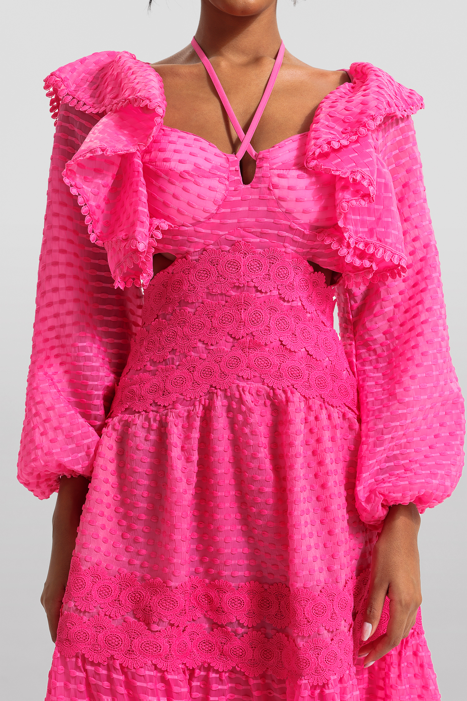 Lace Frill Lantern Sleeve Maxi Dress