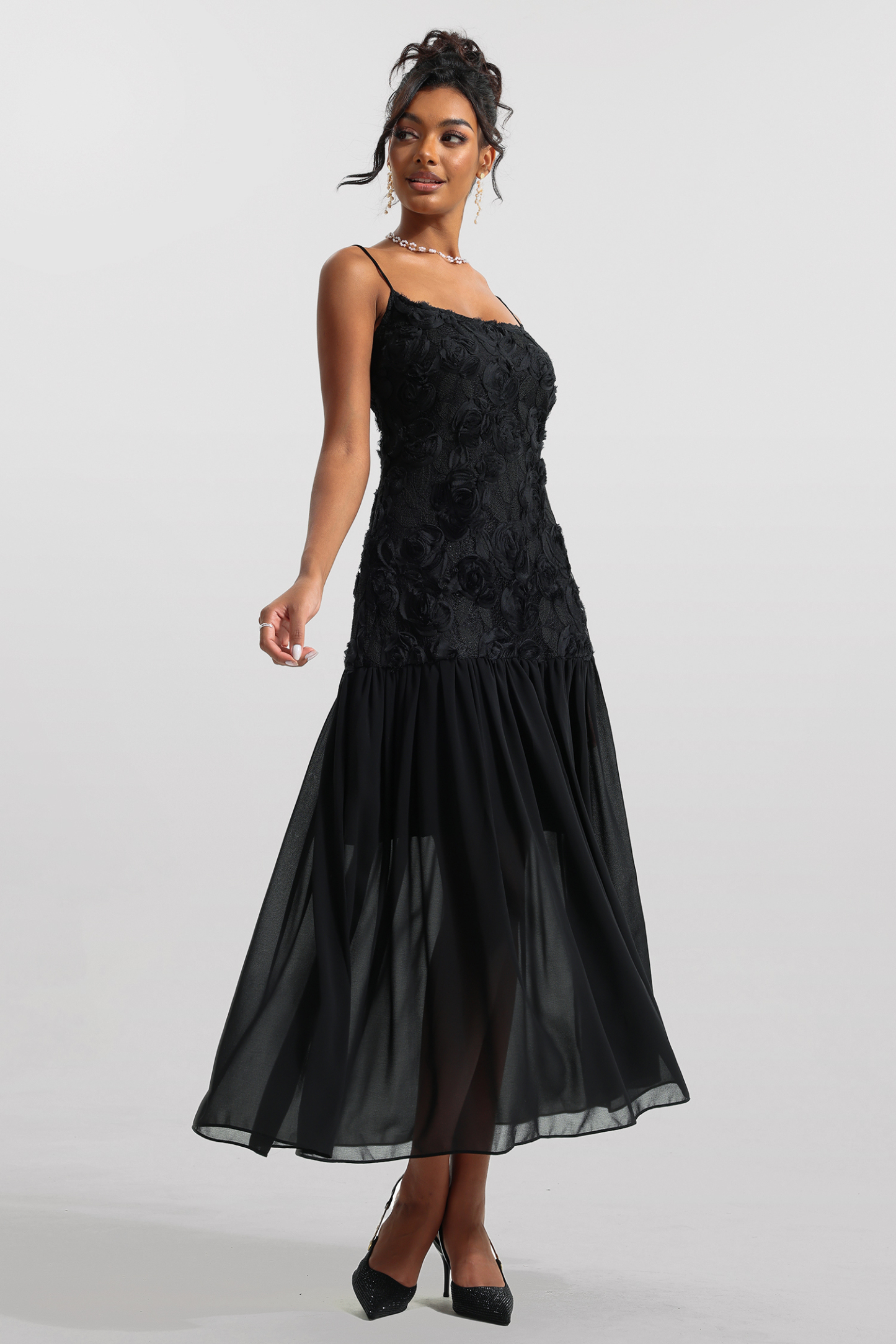3D Floral Solid Sleeveless Midi Dress