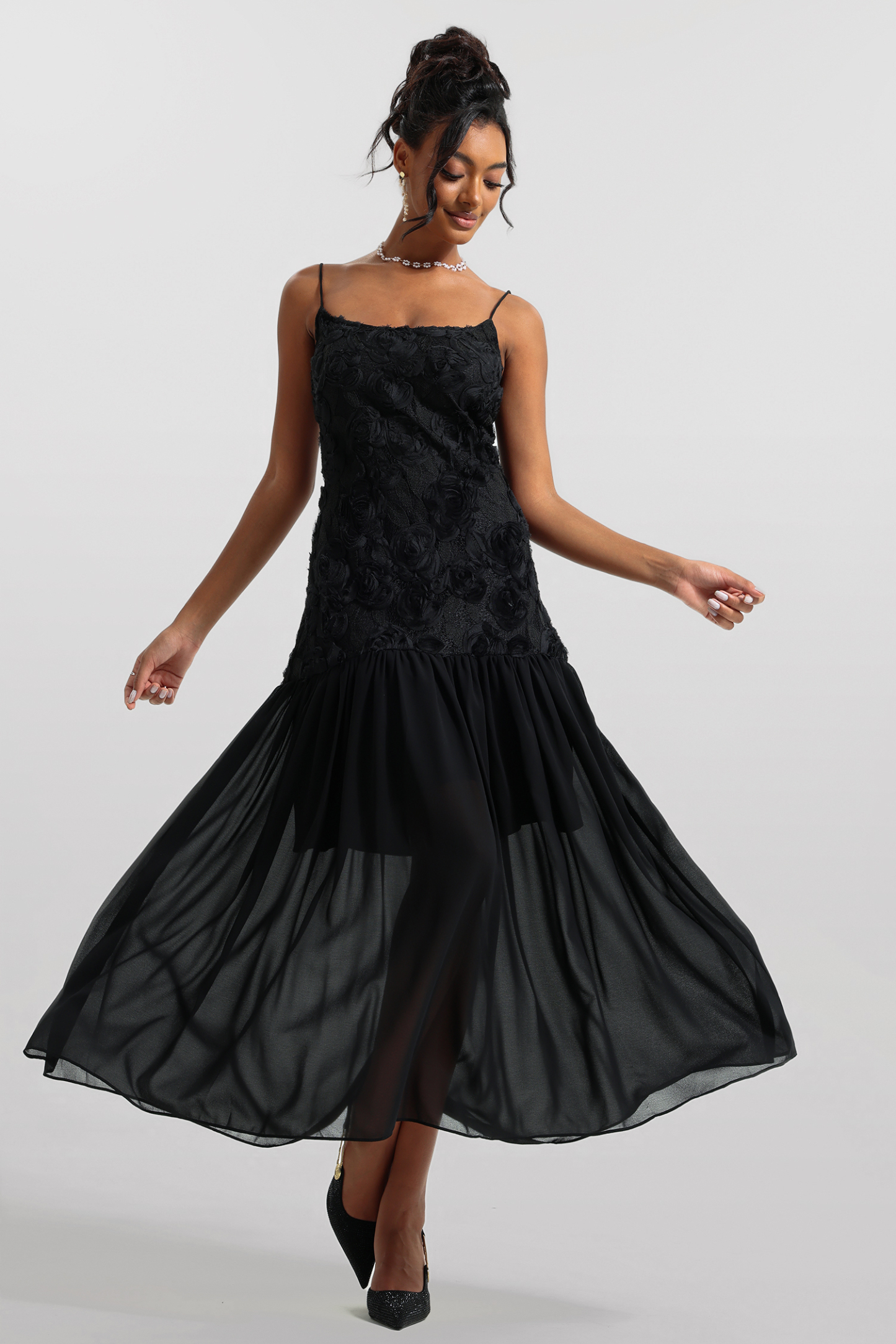3D Floral Solid Sleeveless Midi Dress
